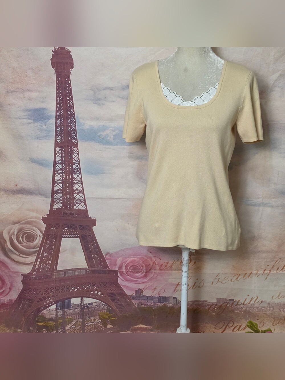 Hampshire Studio Women’s Short Sleeve Scoop Neck Top in Light Beige Sz M